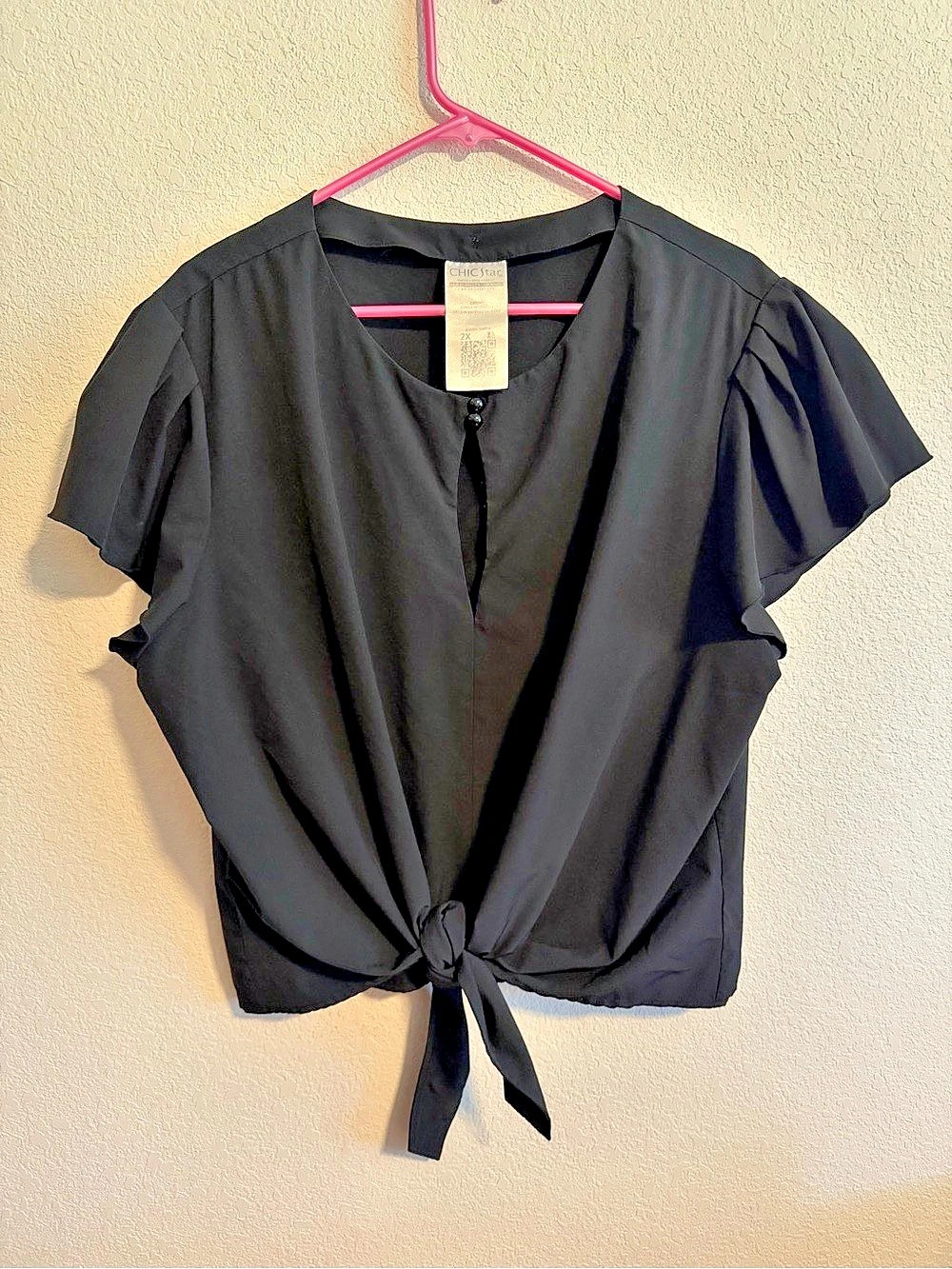 Chic Star Black Tie-Front Flutter Sleeve Blouse Size 2X